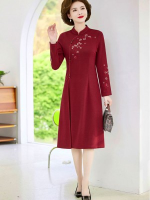 Red Mothers Embroidered A-Line Cheongsam Qipao Dress