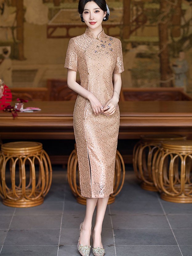 Purple Pink Sequins Lace Mothers Midi Cheongsam Qipao Dress