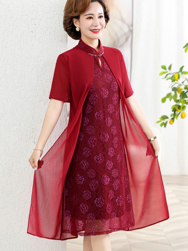 Red Blue Floral Mothers A-Line Qipao Cheongsam Dress