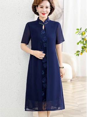 Red Blue Floral Mothers A-Line Qipao Cheongsam Dress
