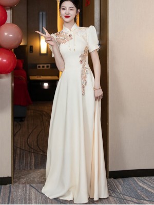 Champagne Appliques A-Line Maix Wedding Qipao Cheongsam Gown