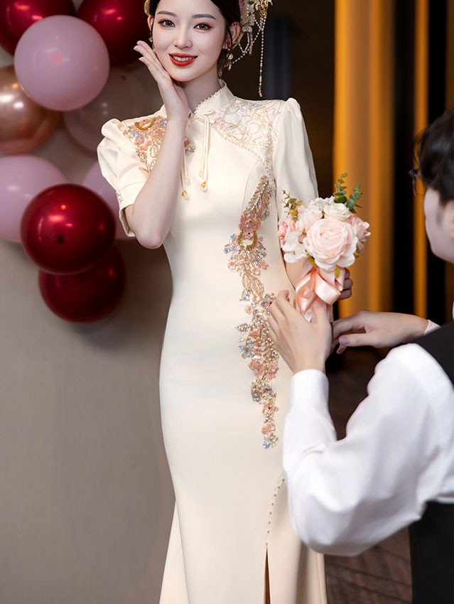 Champagne Appliques Split Fishtail Qipao Cheongsam Dress
