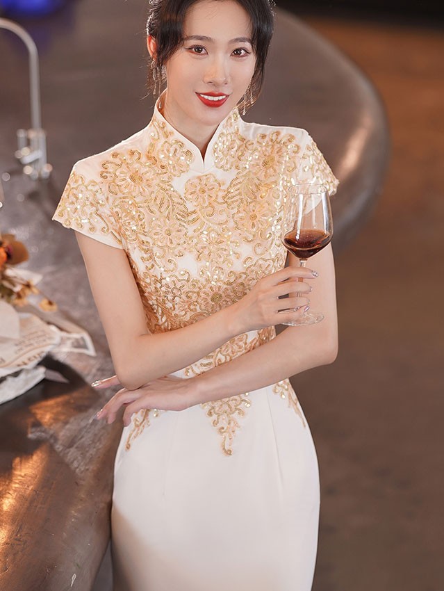 Red Lace Embroidered Fishtail Bride Wedding Cheongsam Qipao Dress