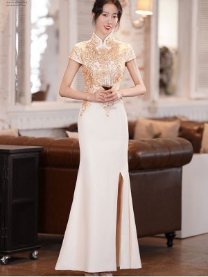 White Appliques Thigh Split Fishtail Cheongsam Qipao Dress