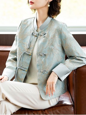 Blue Beige Mothers Jacquard Cheongsam Jacket Blouse
