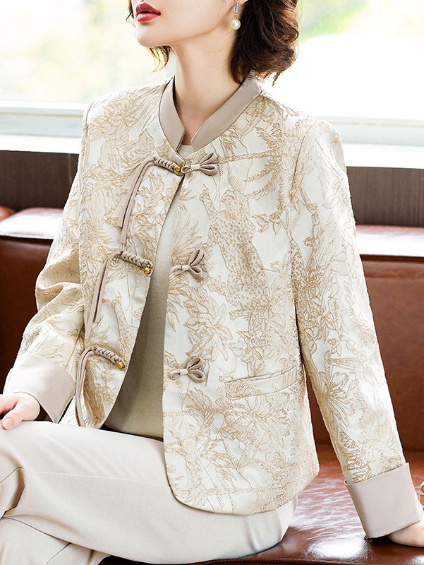 Blue Beige Mothers Jacquard Cheongsam Jacket Blouse