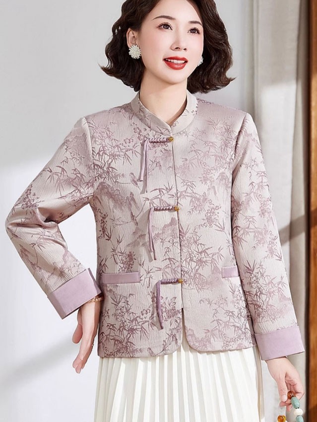 Blue Pink Bamboo Print Pocket Cheongsam Jacket Blouse