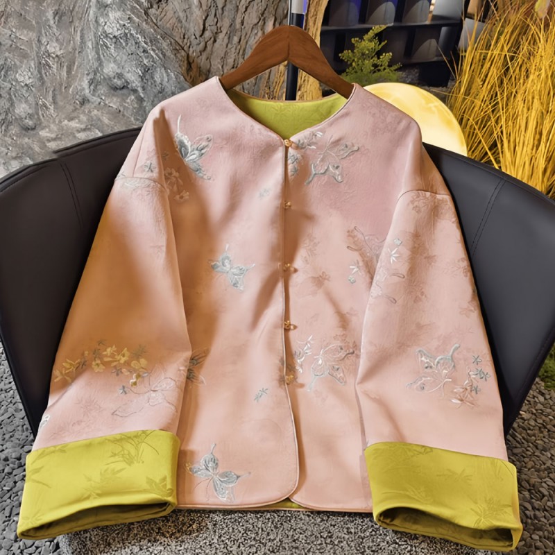 Blue Pink Embroidered Cheongsam Jacket Blouse