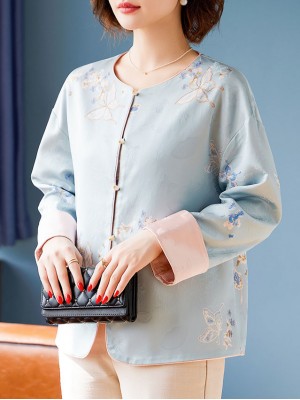 Blue Pink Embroidered Cheongsam Jacket Blouse