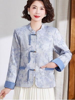 Blue Pink Jacquard Bamboo Cheongsam Jacket Blouse