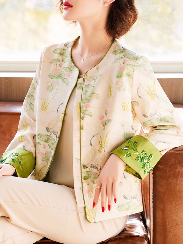 Lotus Print Mothers Cheongsam Jacket Blouse