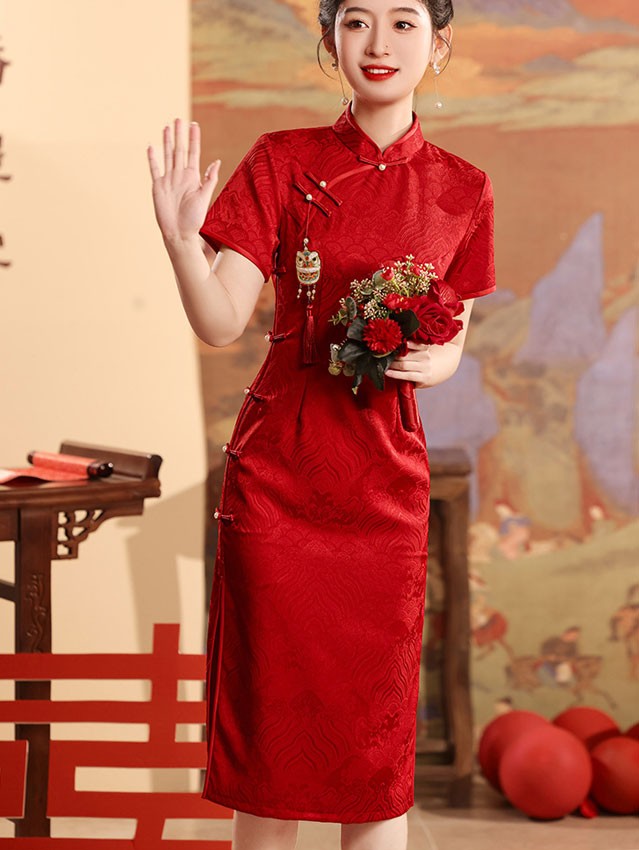 Red Jacquard Wedding Qipao / Cheongsam Dress