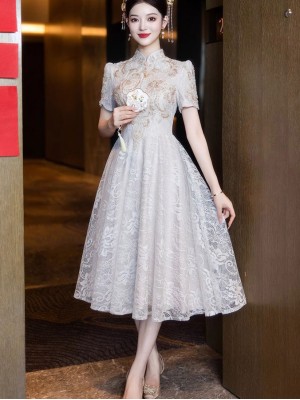 Floral Lace Midi A-line Engagement Cheongsam Qipao Dress