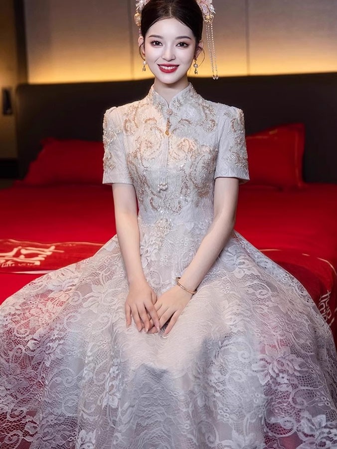 Floral Lace Midi A-line Engagement Cheongsam Qipao Dress