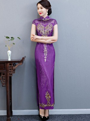 Purple Sequined Bride Mother Long Qipao / Cheongsam Evening Dress