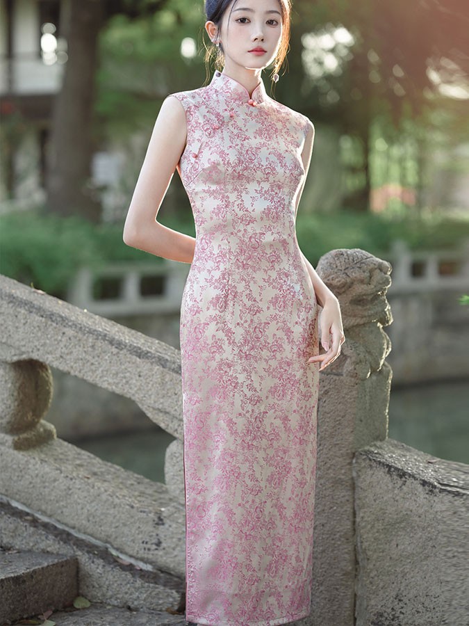 Pink Floral Sleeveless Long Cheongsam Qipao Dress