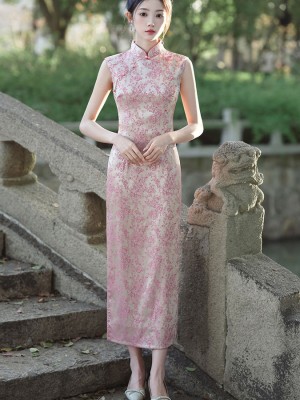 Pink Jacquard Floral Sleeveless Long Cheongsam Qipao Dress