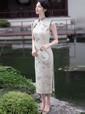 Vintage Floral Print Cheongsam Qipao Dress