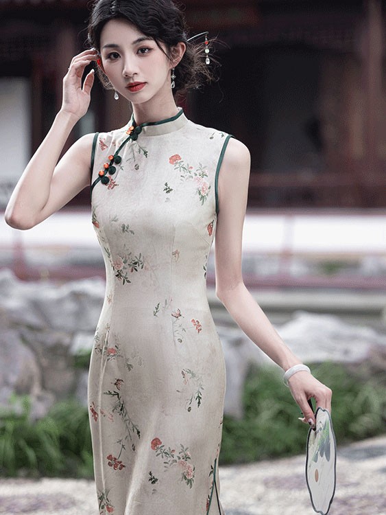 Vintage Floral Print Silk Linen Cheongsam Qipao Dress