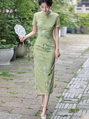 Green Floral Print Summer Cheongsam Qipao Dress
