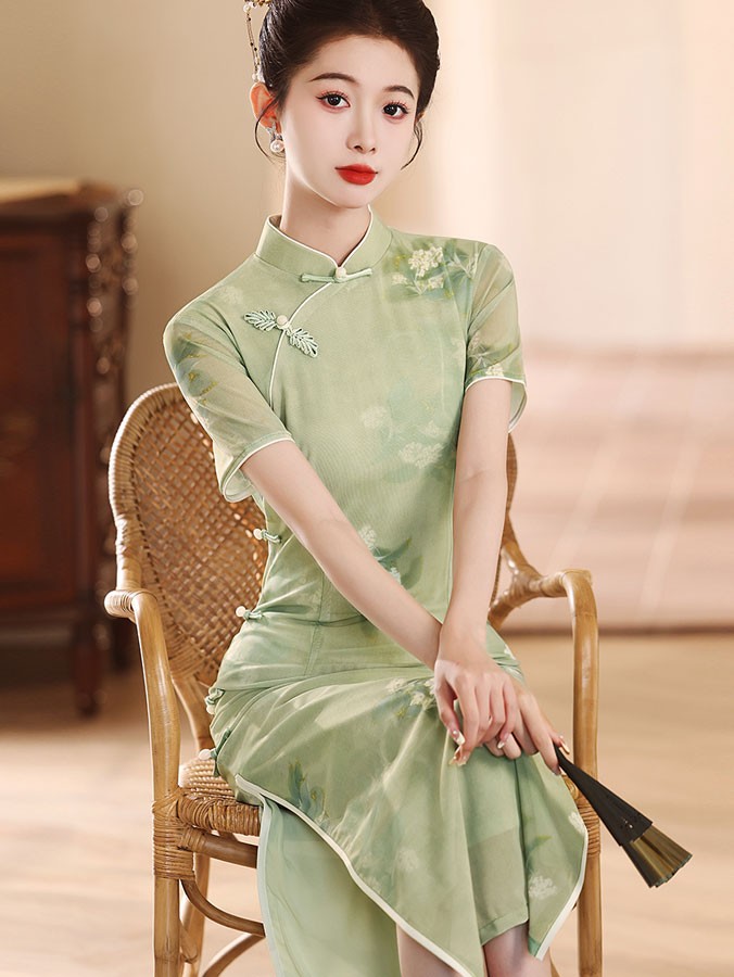 Green Floral Print Summer Cheongsam Qipao Dress