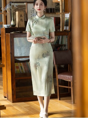 Green Floral Tea-Length Qipao / Cheongsam Dress