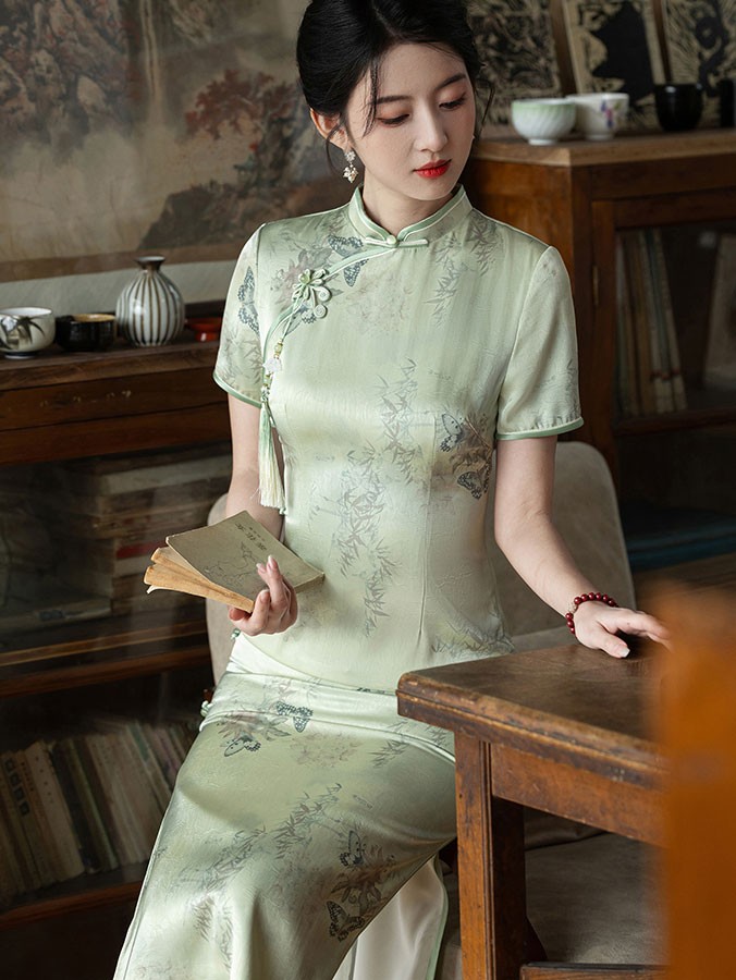 Green Floral Tea-Length Qipao / Cheongsam Dress