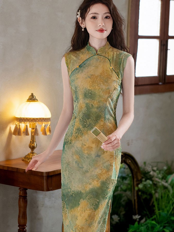 Jacquard Floral Velvet Cheongsam Qipao Dress