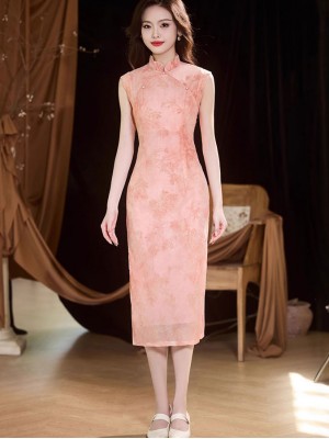 Pink Jacquard Floral Velvet Cheongsam Qipao Dress