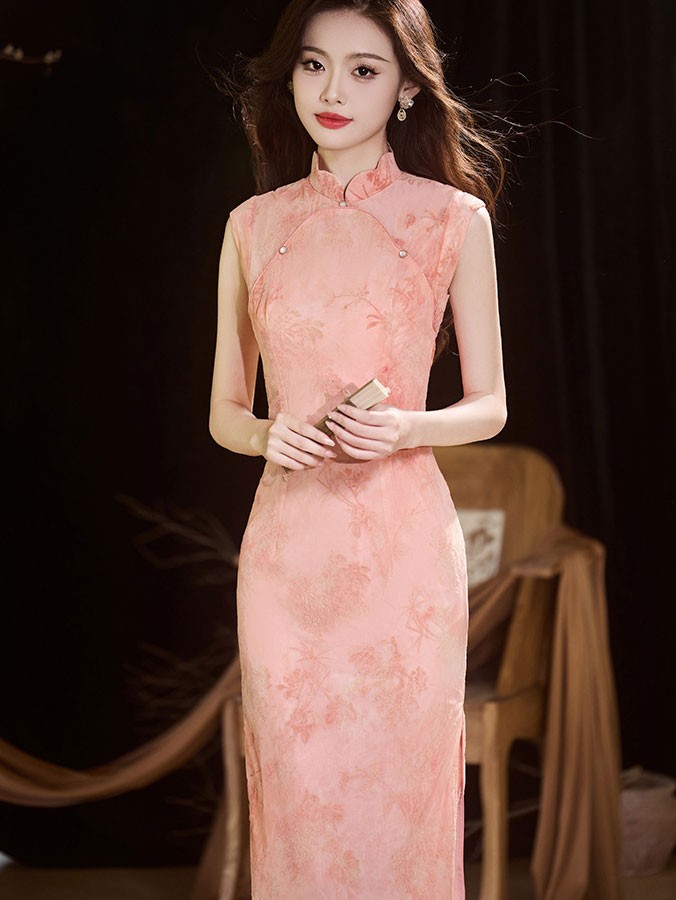 Pink Jacquard Floral Velvet Cheongsam Qipao Dress