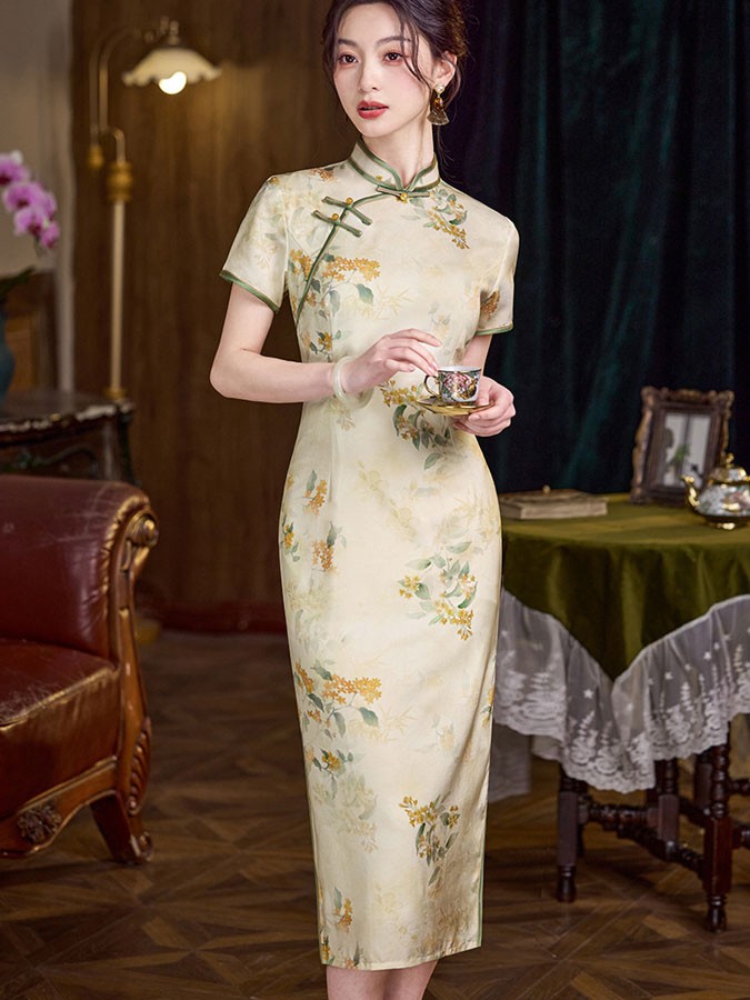 Floral Ramie Tea-Length Summer Qipao Cheongsam Dress