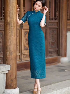 2024 Lake Blue Plaid Lace Qipao Cheongsam Dress