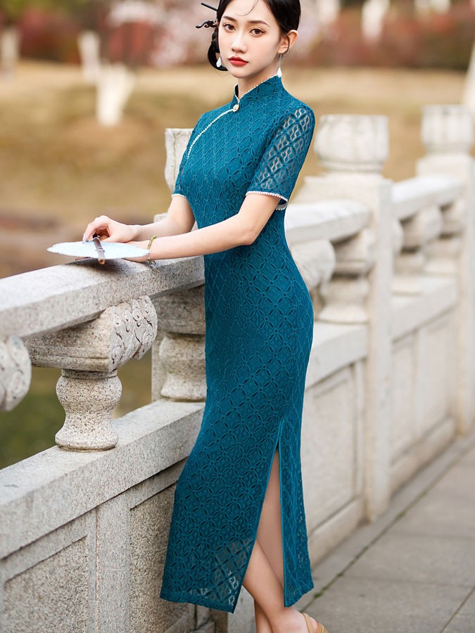 2024 Lake Blue Plaid Lace Qipao Cheongsam Dress