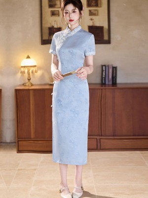 Blue Jacquard Midi Cheongsam Qipao Dress