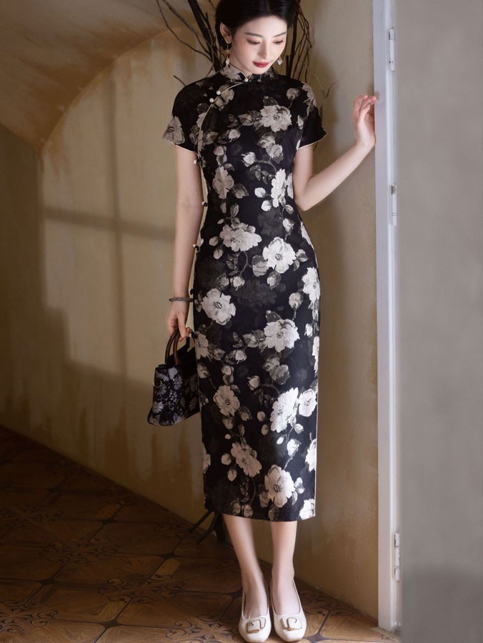 2024 Floral Print Cheongsam Qipao Dress