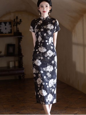 2024 Black Floral Print Mothers Cheongsam Qipao Dress