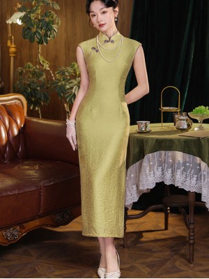 2025 Green Floral Midi Cheongsam Qipao Dress