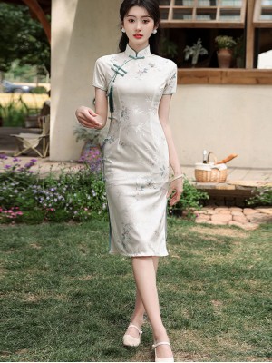 2026 Floral Print Midi Cheongsam Qipao Dress