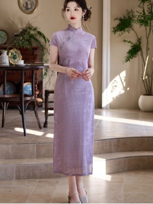 Purple Jacquard Floral Cheongsam Qipao Dress