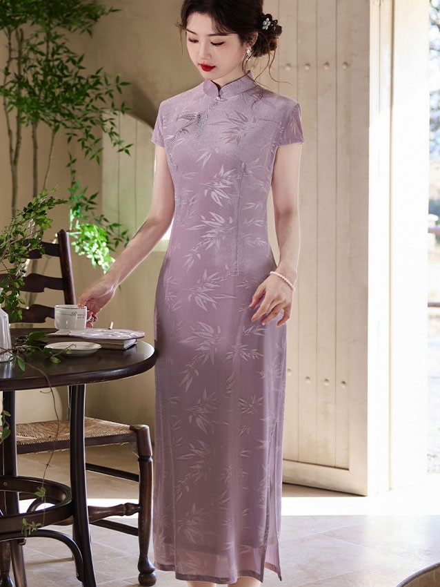 Purple Jacquard Floral Cheongsam Qipao Dress