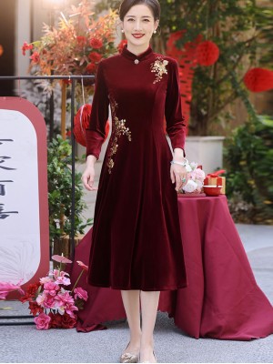 Red Velvet Mothers A-Line Wedding Cheongsam Qipao Dress