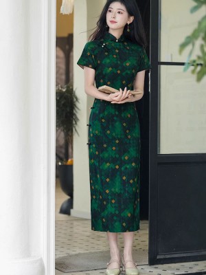 2025 Green Plaid Cheongsam Qipao Dress