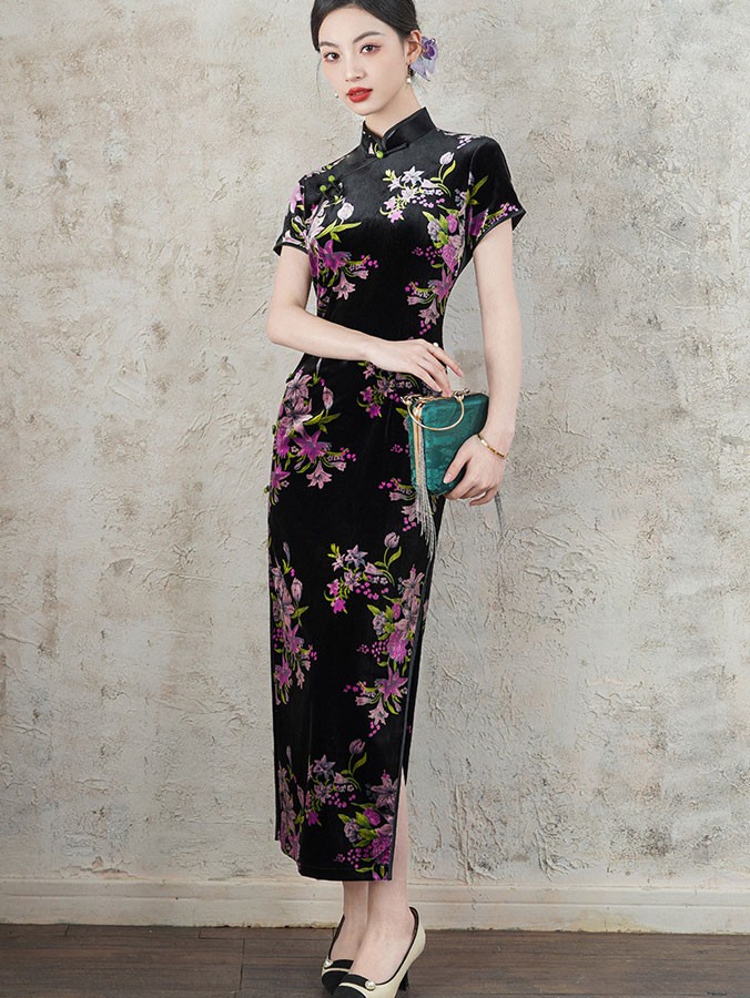 Floral Print Velvet Mothers Cheongsam Qipao Dress