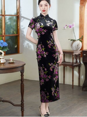 Floral Print Velvet Mothers Cheongsam Qipao Dress