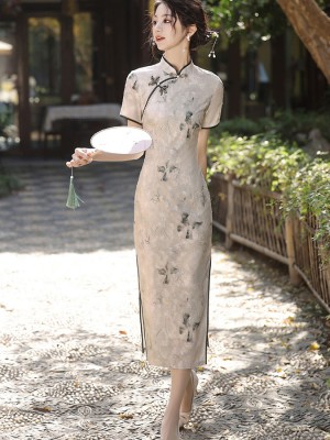 Jacquard Floral Beads Cheongsam Qipao Dress