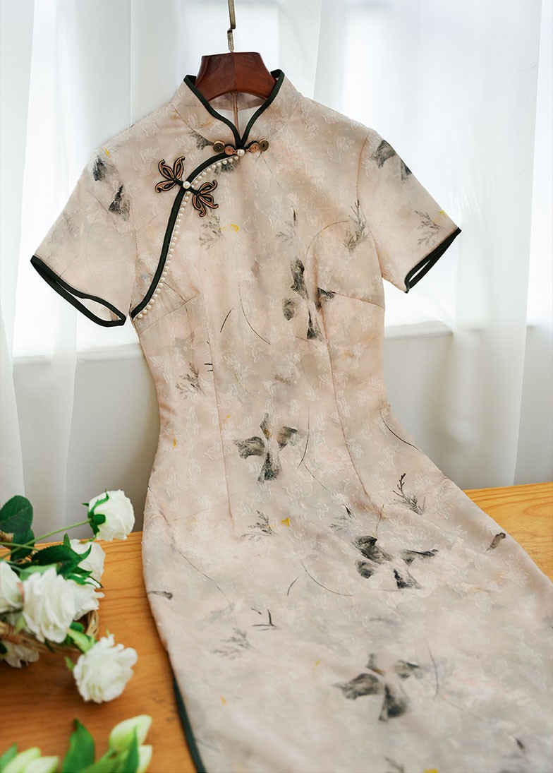Jacquard Floral Beads Cheongsam Qipao Dress