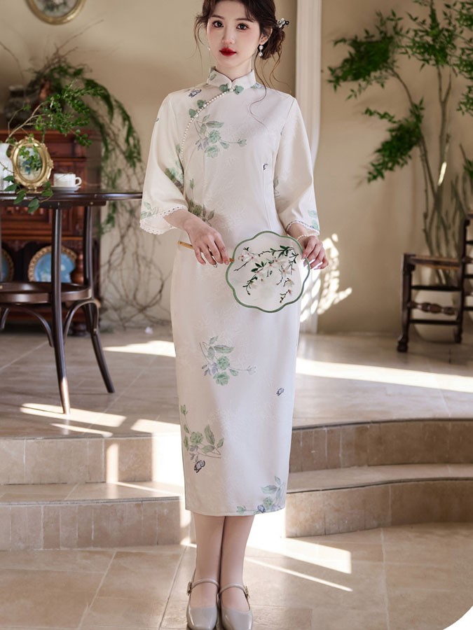 White Floral Bell Sleeve Cheongsam Qipao Dress