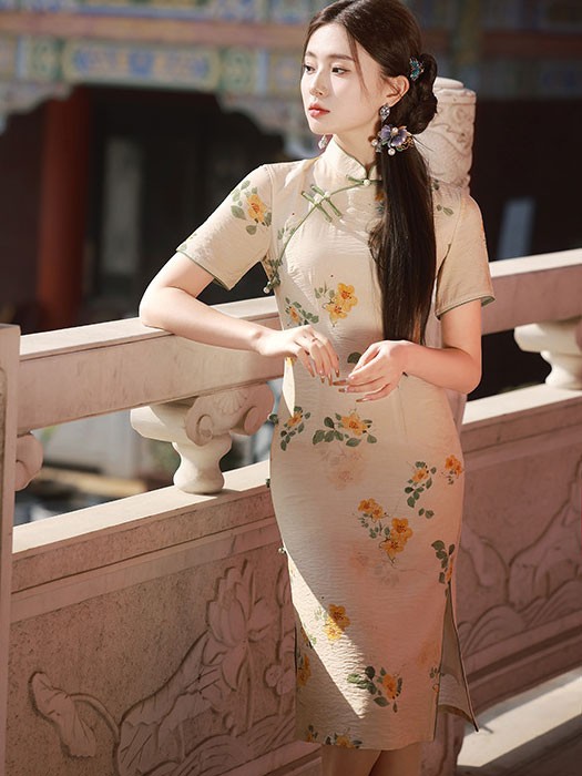 2025 Floral Print Linen Cheongsam Qipao Dress