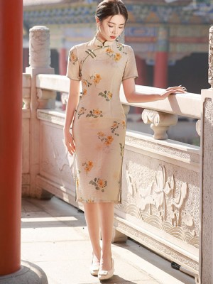 2025 Floral Print Linen Cheongsam Qipao Dress