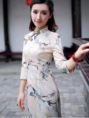 Clearance Floral Print Autumn Cheongsam Qipao Dress